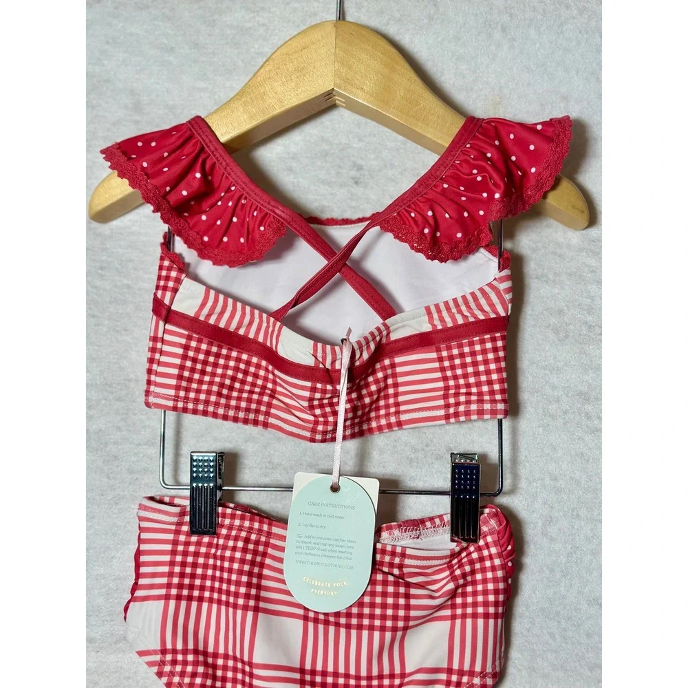 SweetHoney Girls Red White Plaid Polka Dot 2 Piece Swimsuit Bikini 3T NWT